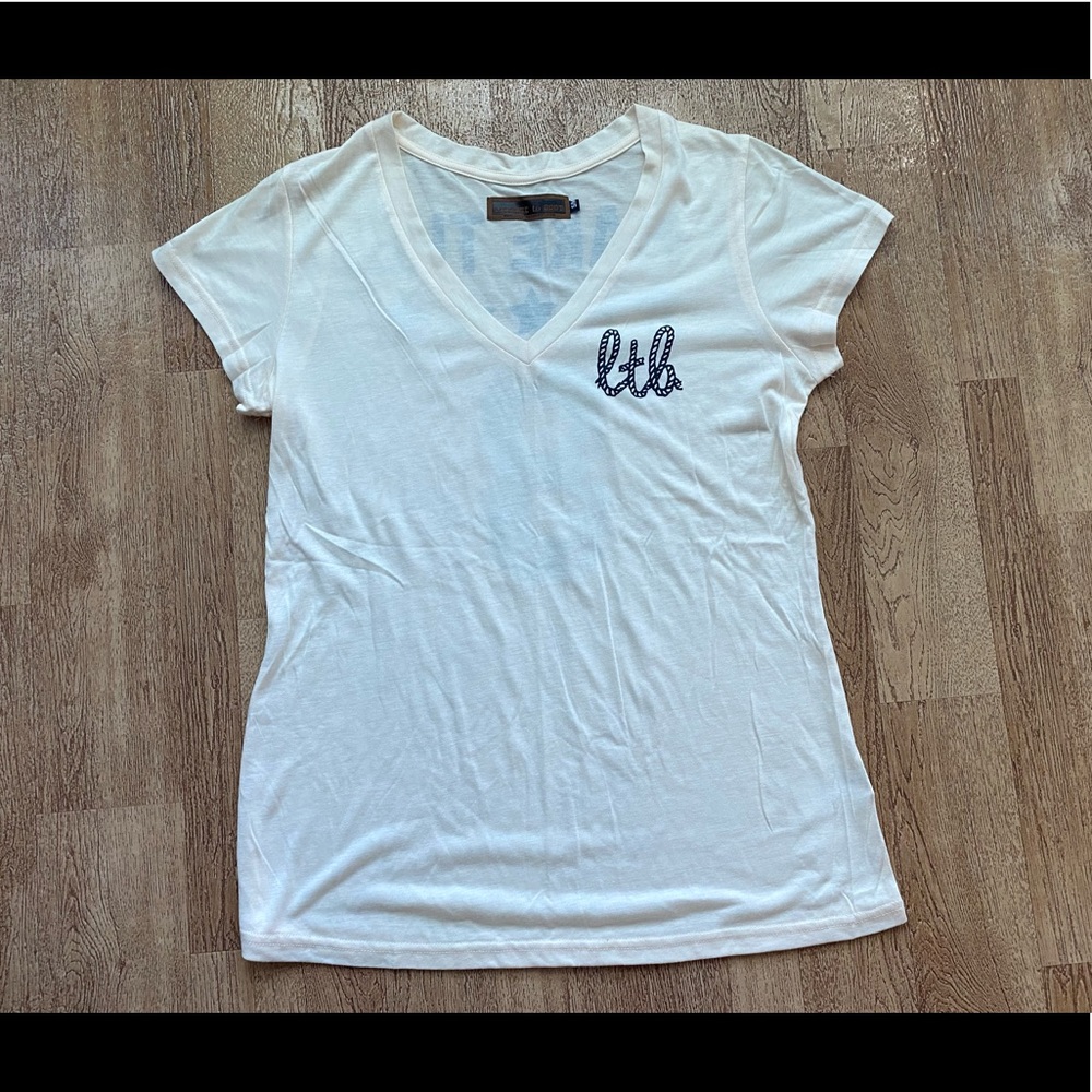 License to Boot Beige “LTB- Make The 8” Stars Cowgirl V-neck T-Shirt Size S